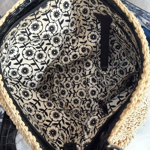 Brighton bag black patent leather trim strap raffia woven large roomy spring - Picture 16 of 17